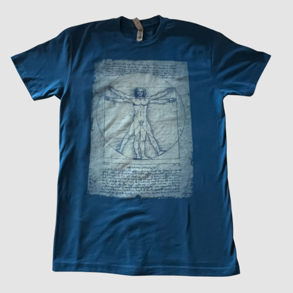 Discovery Place Leonardo Da Vinci Vitruvian Man T-shirt Blue, EUC-Size Small